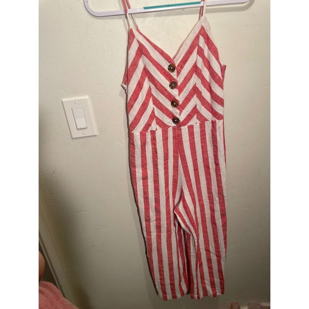 Kensie Jeans Women's Wide Leg Striped Romper Size Small w/ faux tortoise buttons